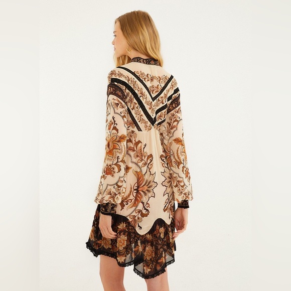 Farm Rio Sand Majestic Garden Lace Long Sleeve Mini Dress - Picture 6 of 8